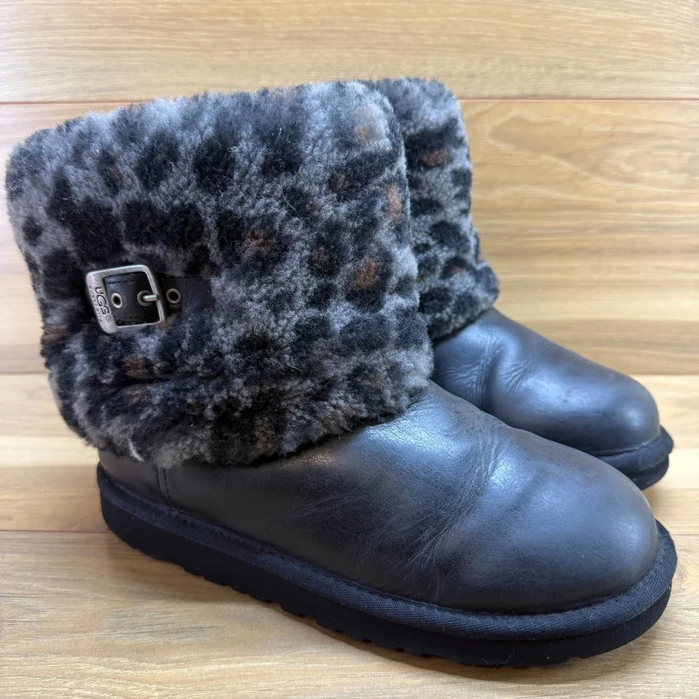 UGG Ellee Leopard Cheetah Print Fur Boots Youth Girls 6 Black Leather Cozy